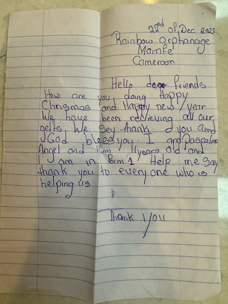 Handwritten thank-you letter from Pascaline Angel at Rainbow Orphanage